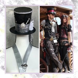 🌺 STEAMPUNK COSTUME MINI TOP HAT TIE CLIP SET COSPLAY GRAY SILVER BUNDLE PARTY